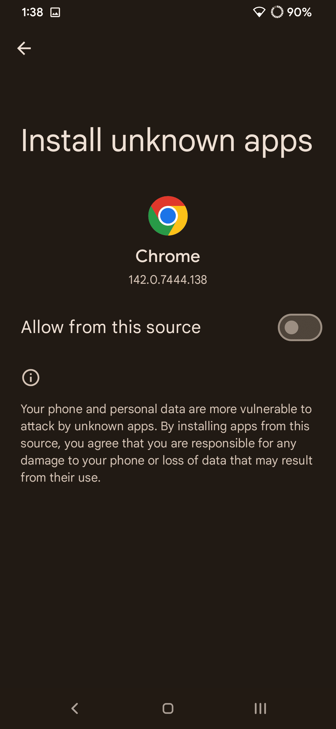 The Android “Install unknown apps” settings screen for Chrome, with an “Allow from this source” toggle switched off and a warning that the phone and personal data are more vulnerable to attack from unknown apps.